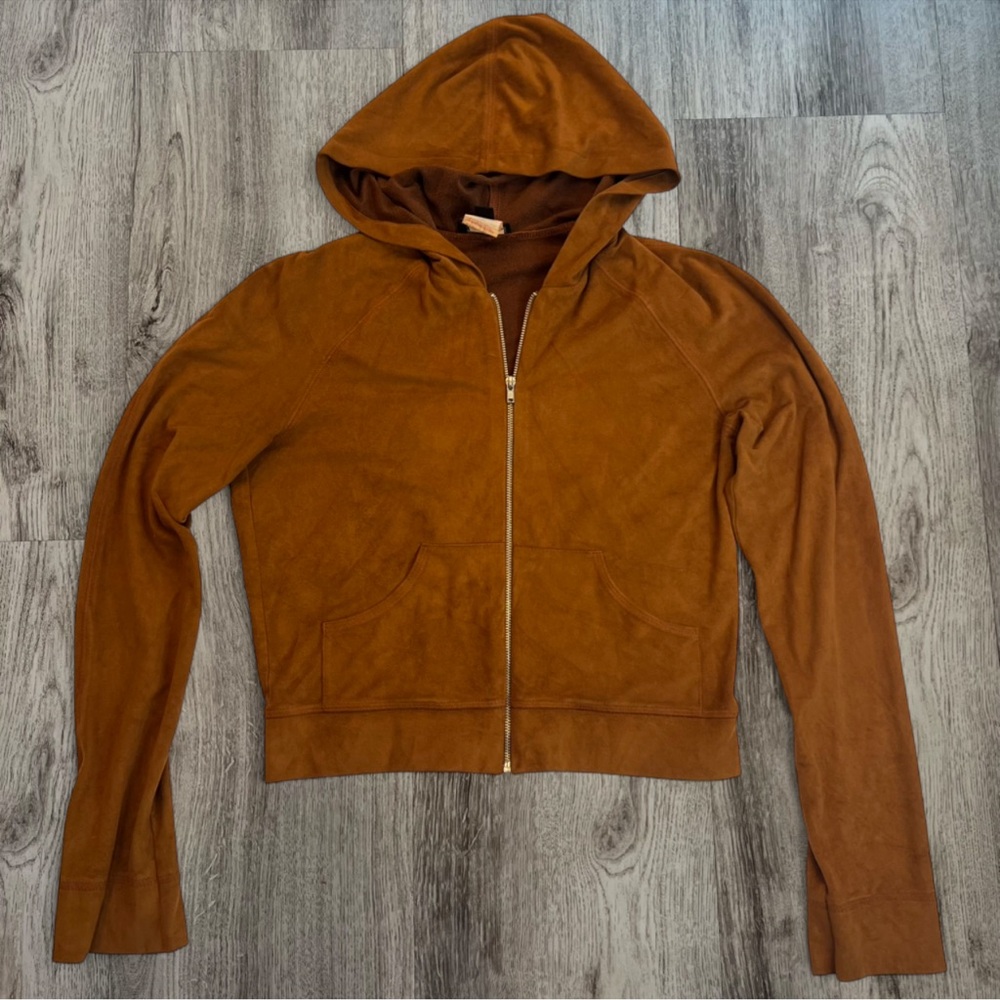 Bebe Brown Velour Zip-Up Hoodie Cropped Y2K Jacket XS‎
